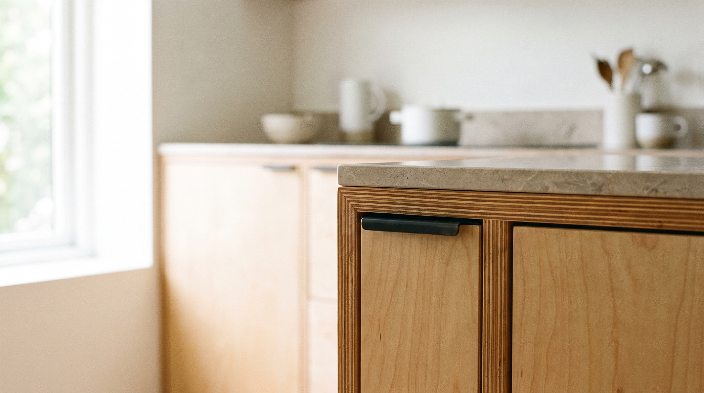 Close-up of an exposed birch plywood cabinet edge and steel handle, from the Birchcroft concept
